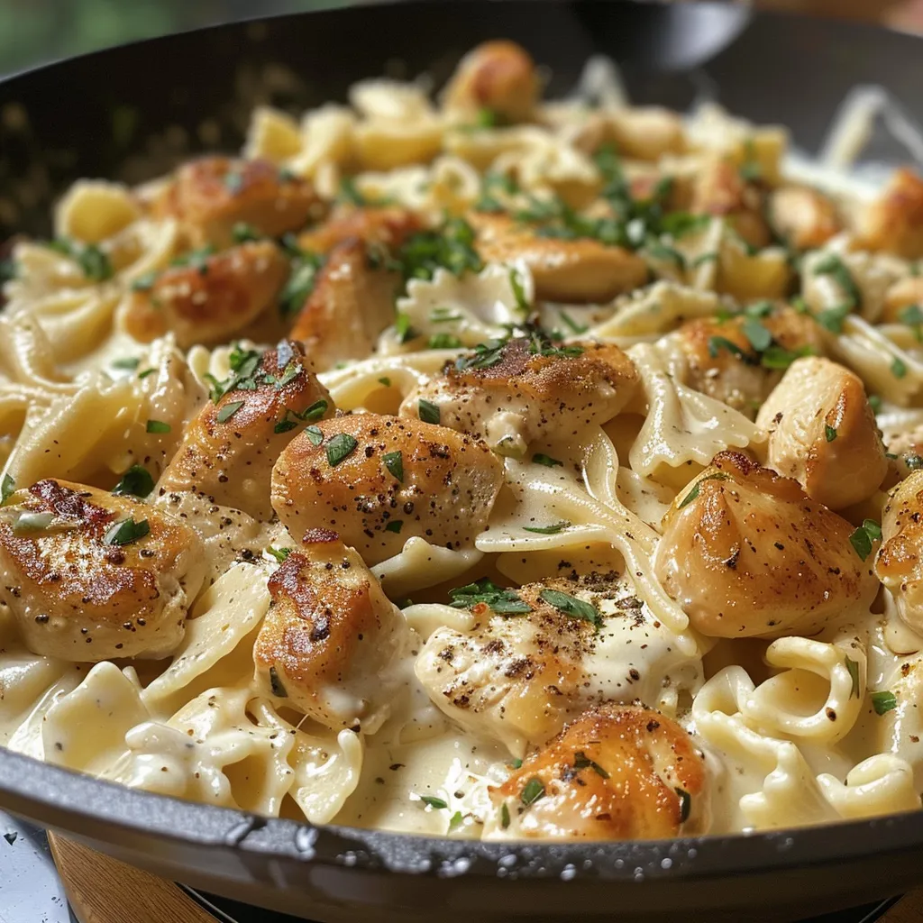 A side view of a vibrant Dairy Free Chicken Alfredo dish, featuring chopped spinach and dairy-free parmesan.