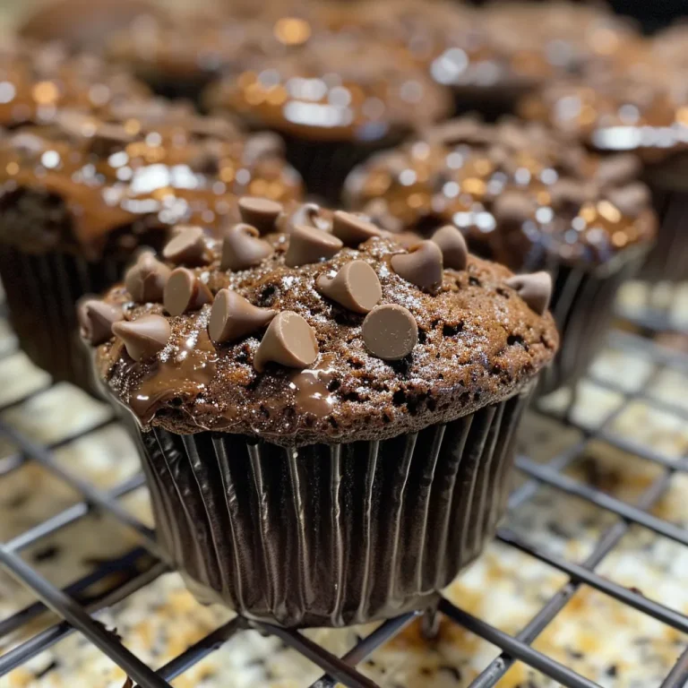 Close-up side view of moist double chocolate muffins with chocolate chips.