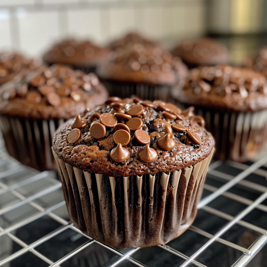 Close-up of rich, moist double chocolate muffins showcasing melting chocolate chips.