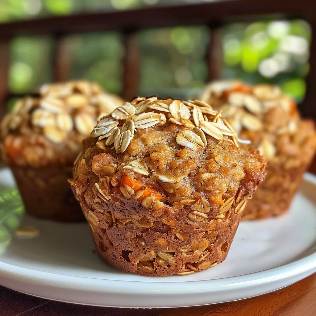 Side view of golden-brown carrot oatmeal muffins showcasing a fluffy texture.