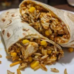 Close-up view of a juicy chicken and rice wrap filled with colorful ingredients.