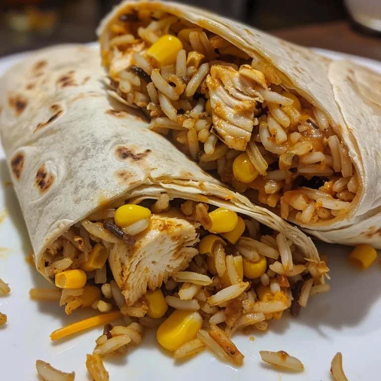 Close-up view of a juicy chicken and rice wrap filled with colorful ingredients.