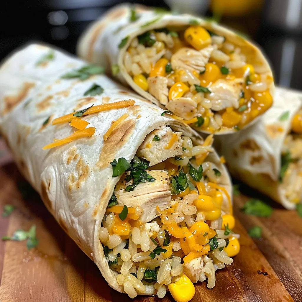 Side view of a delicious wrap with chicken, rice, corn, and cheese on a wooden table.