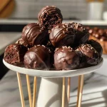 Close-up view of chocolate cake pops on a wooden board with sprinkles.