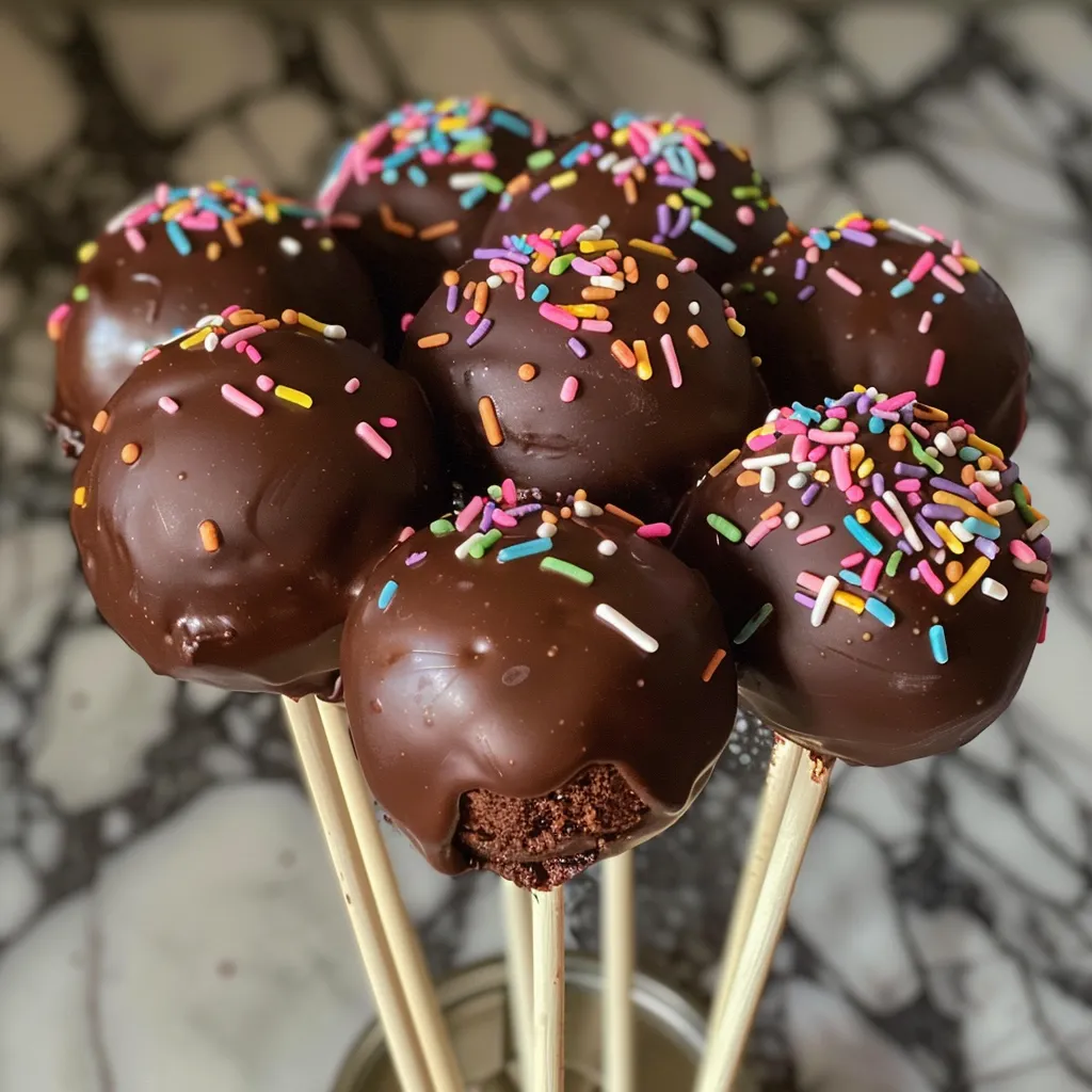 Side view of glossy chocolate cake pops on a cake stand adorned with colorful sprinkles.