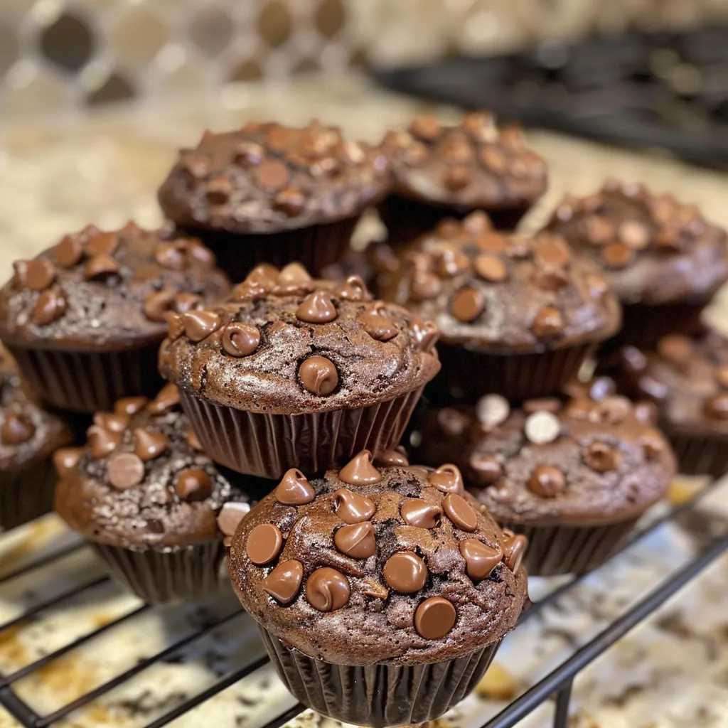 Side view of a bakery-style double chocolate chip muffin, showcasing a fluffy texture and rich color.