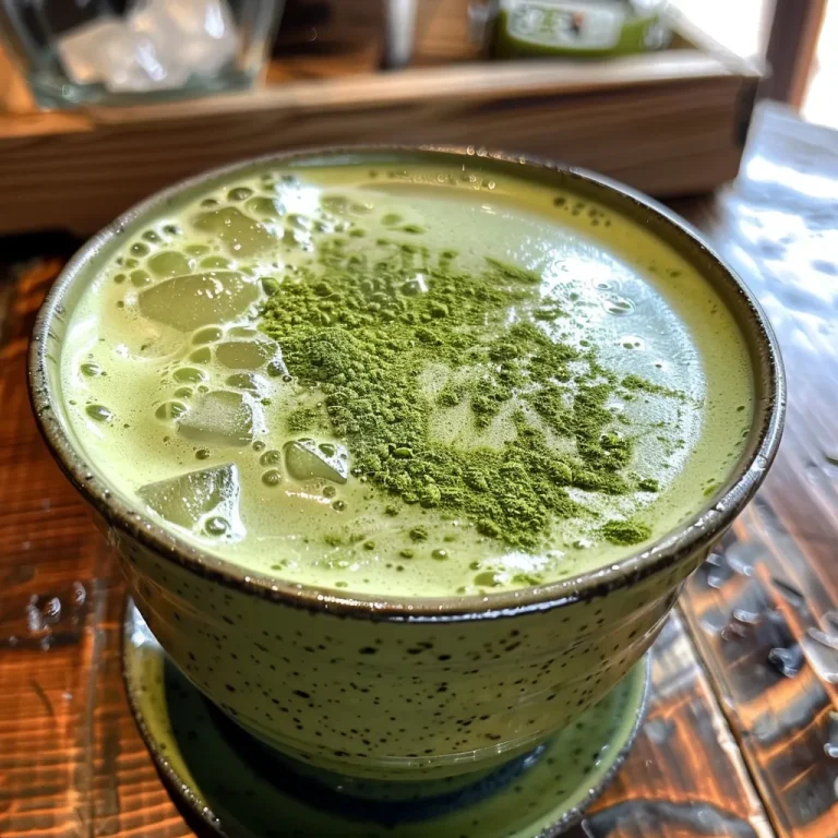 A side view of a frothy matcha latte in a clear glass, with a smooth, creamy texture.