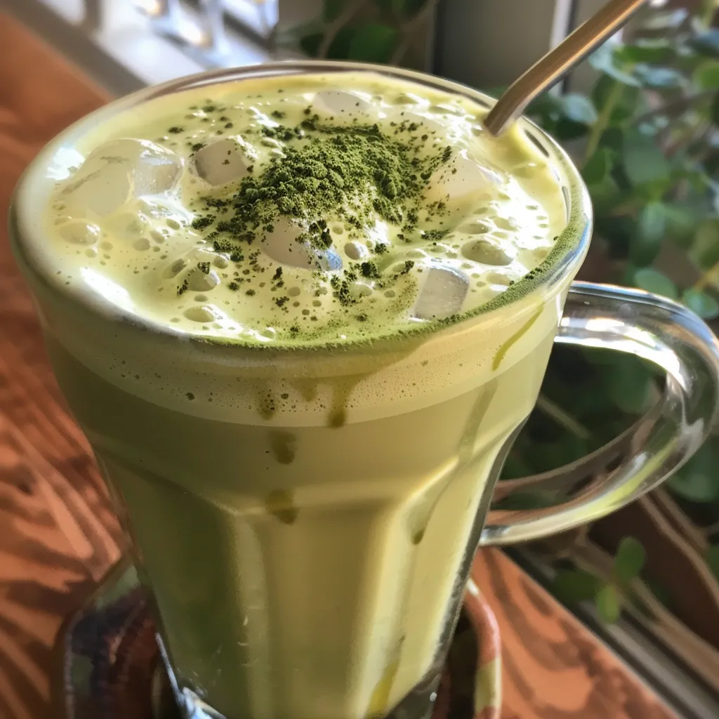 Close-up of a layered matcha latte featuring vibrant green matcha, oat milk, and ice cubes.