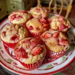 Close-up of golden-brown strawberry muffins topped with crumbly streusel.