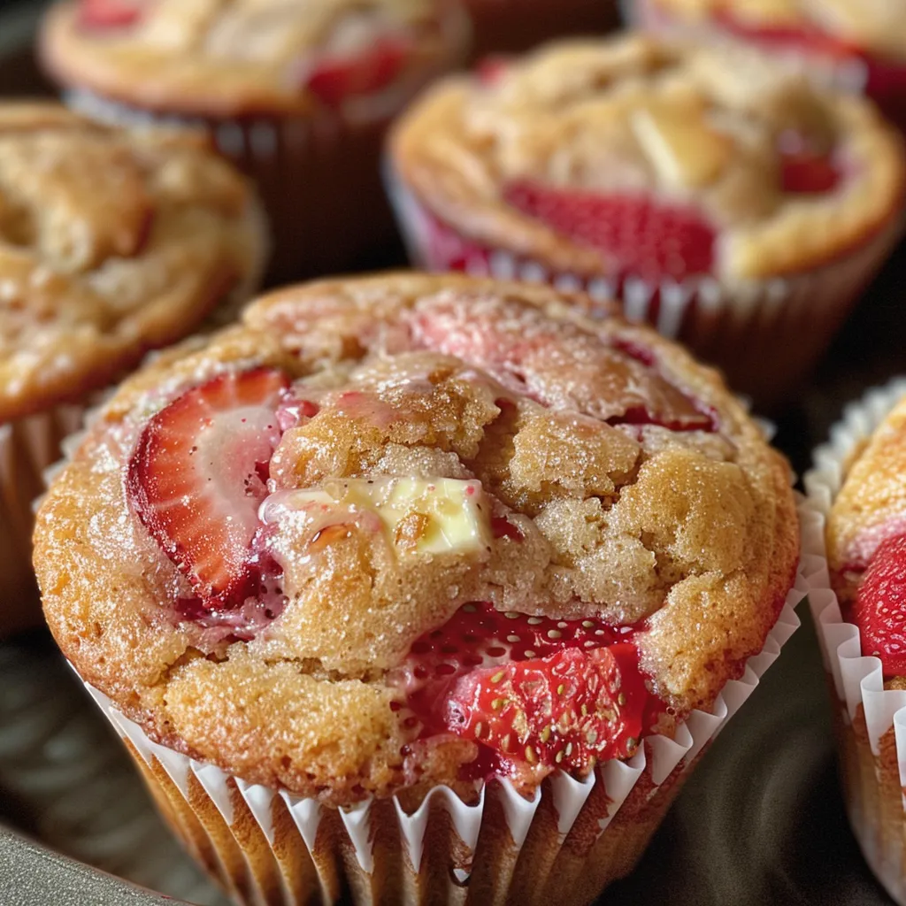 Side view of freshly baked strawberry muffins, showcasing their soft texture and streusel topping.