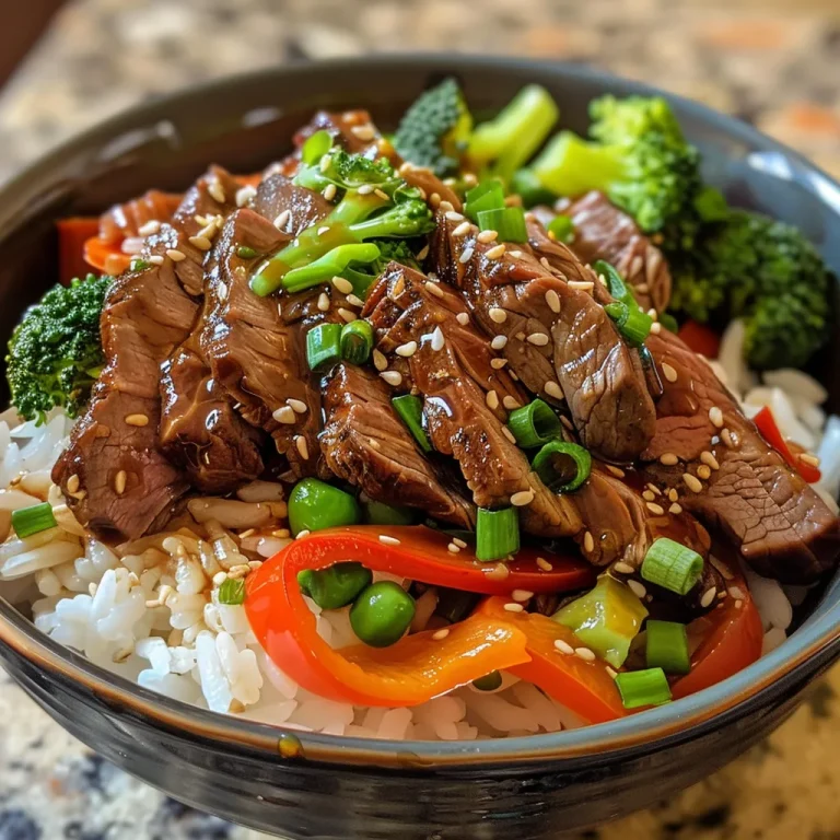 A close-up view of a juicy teriyaki beef bowl garnished with fresh vegetables.