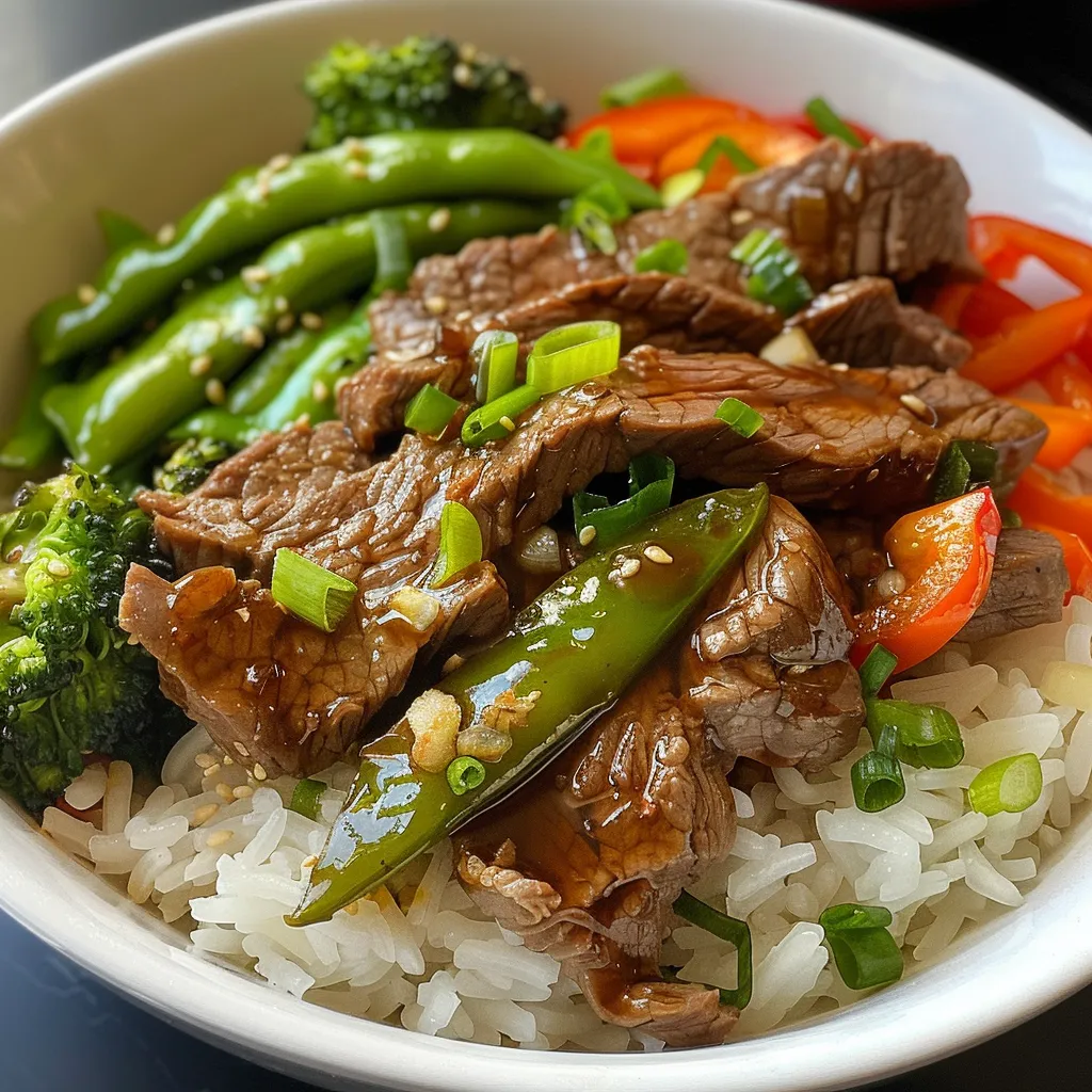A vibrant Easy Teriyaki Beef Bowl featuring beef slices and colorful veggies in a bowl.