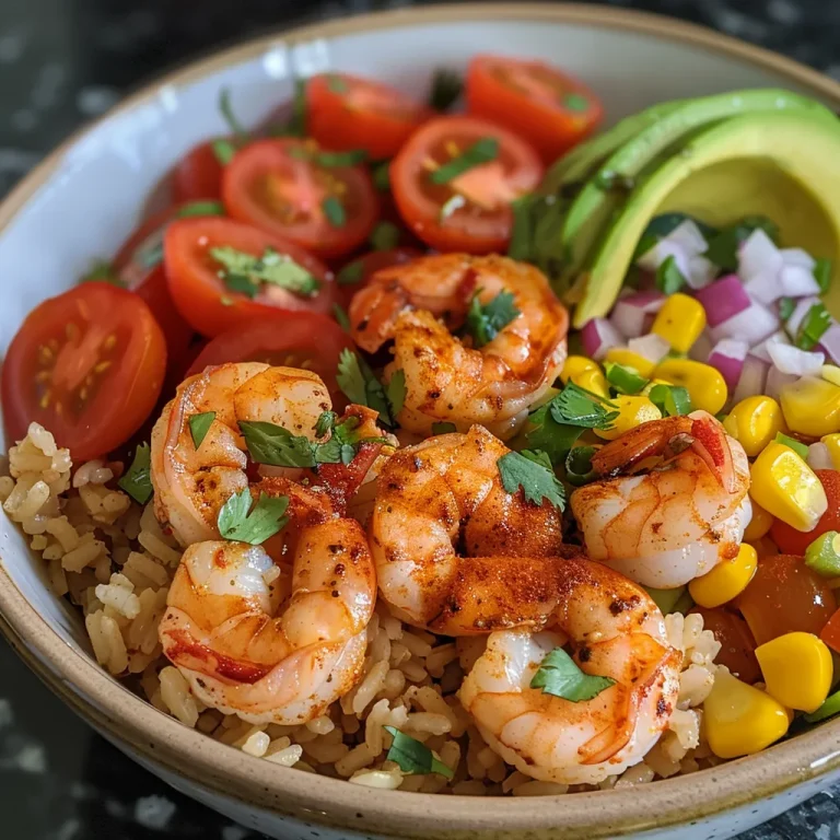 Close-up view of a colorful Fiesta Shrimp Rice Bowl with shrimp, rice, vegetables, and avocado.