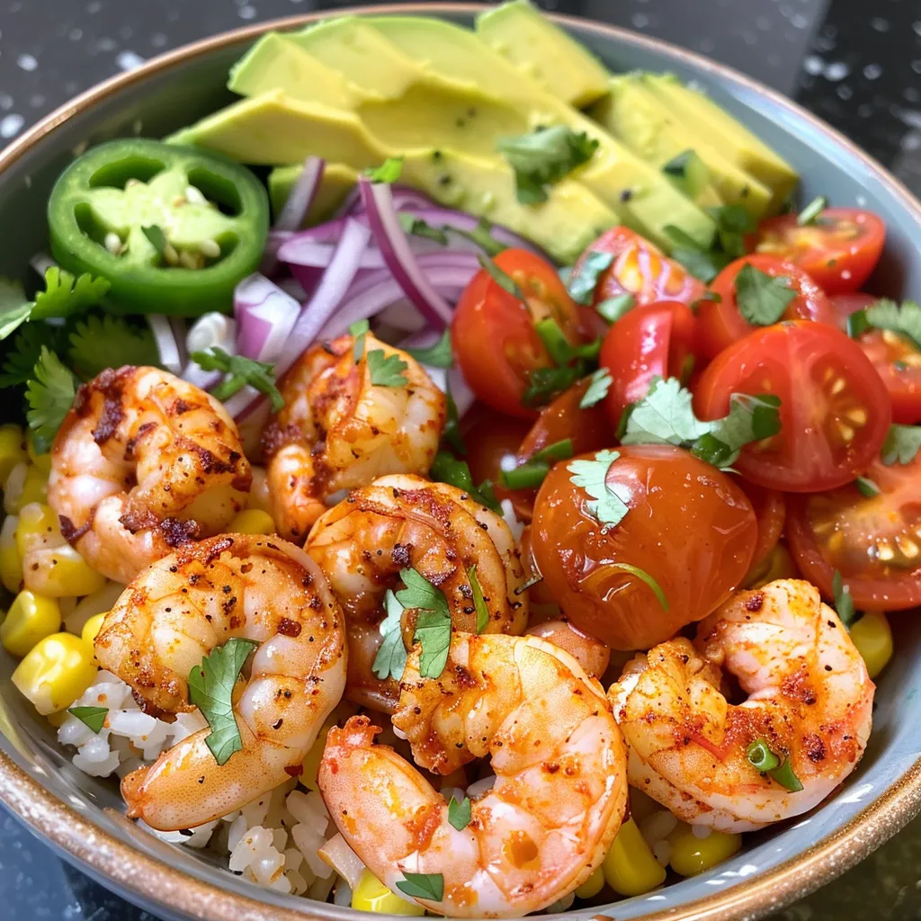 Side view of a Fiesta Shrimp Rice Bowl filled with shrimp, corn, cherry tomatoes, and sliced avocado.
