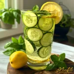 Close up of a glass pitcher filled with Flat Tummy Water, featuring sliced cucumbers, lemon, mint, and basil.
