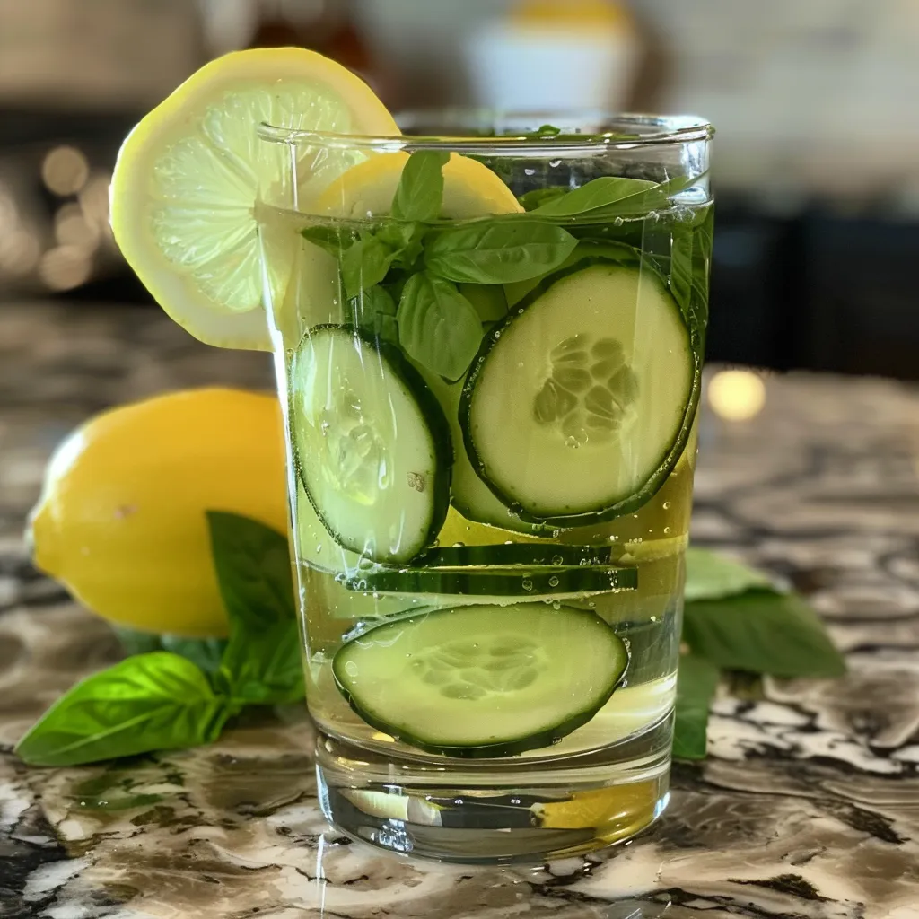 Side view of refreshing Flat Tummy Water, showcasing cucumber and lemon slices alongside mint and basil leaves.