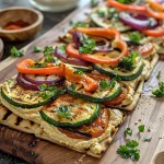 Close-up view of flatbread topped with hummus and grilled vegetables.