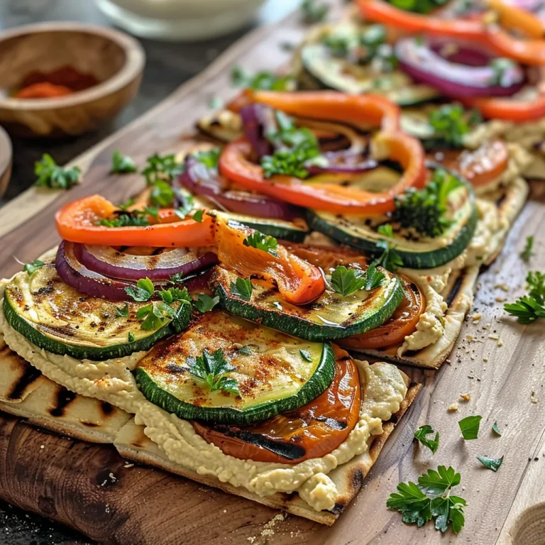 Close-up view of flatbread topped with hummus and grilled vegetables.