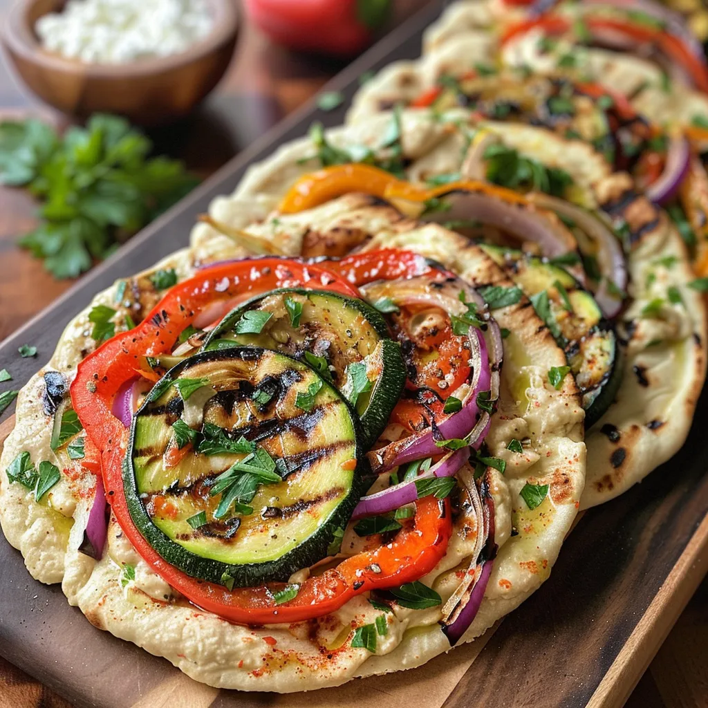 Side view of a delicious flatbread with colorful grilled veggies and hummus.