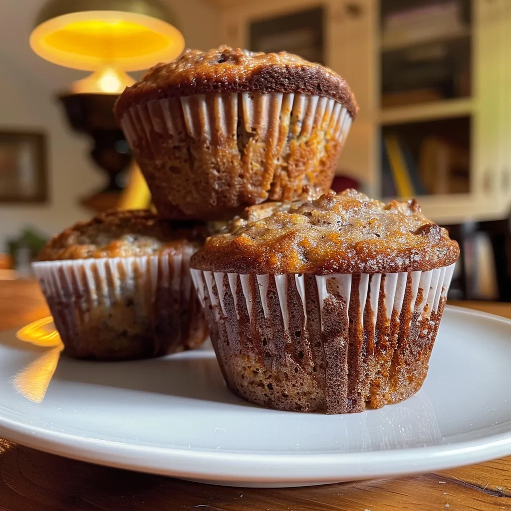 Side profile of moist banana bread muffins, showcasing their fluffy texture.