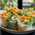 Close-up view of fresh garden rolls filled with colorful vegetables and rice noodles.