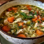 Close-up of a bowl of Fresh Herb Chicken Noodle Soup with visible herbs and chicken.