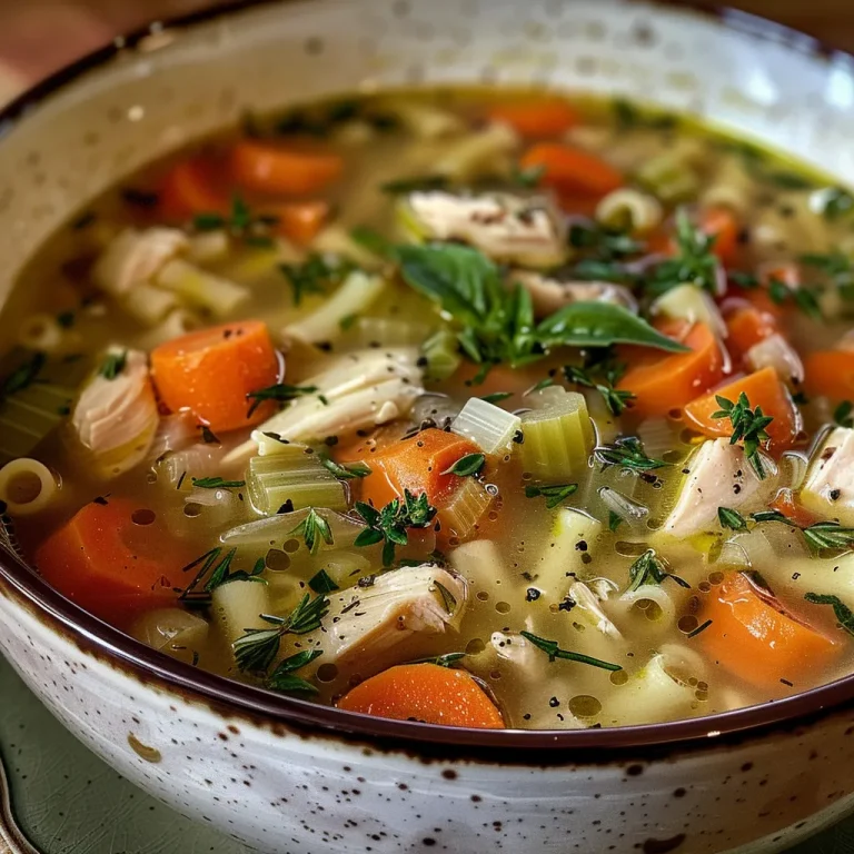 Wholesome Chicken Noodle Soup A Cozy Bowl of Fresh Herbs Close-up of a bowl of Fresh Herb Chicken Noodle Soup with visible herbs and chicken.