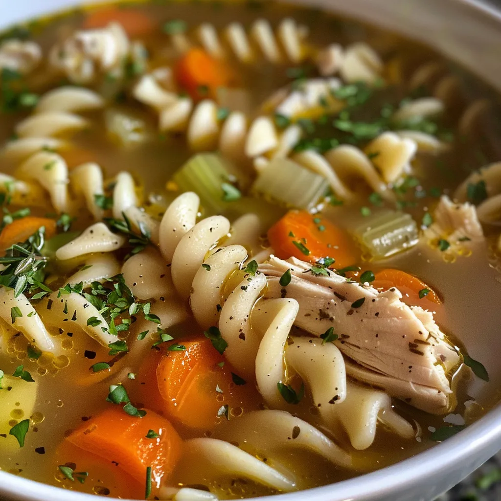 Side view of a steaming bowl of Chicken Noodle Soup with vibrant vegetables and herbs.