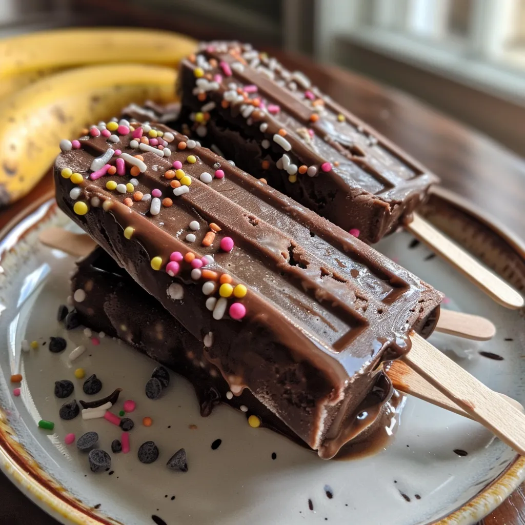 Side view of frozen chocolate banana pops, featuring a glossy chocolate coating and vibrant sprinkles.