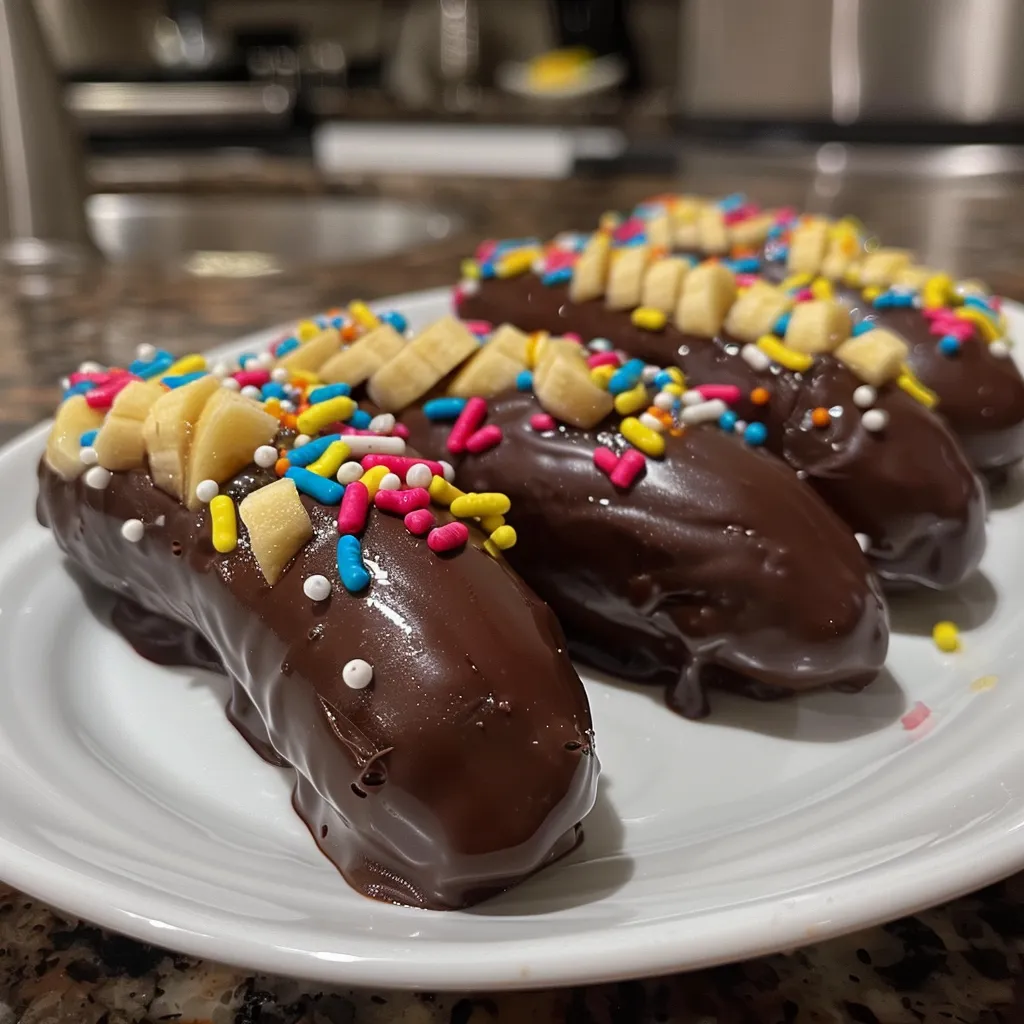 Side view of juicy frozen chocolate-covered bananas with chopped peanuts on top.