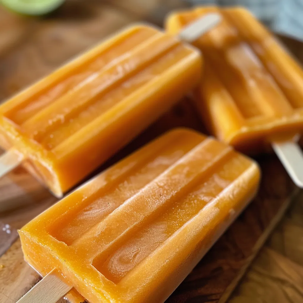 Side view of colorful mango popsicles with a smooth texture and frozen sheen.
