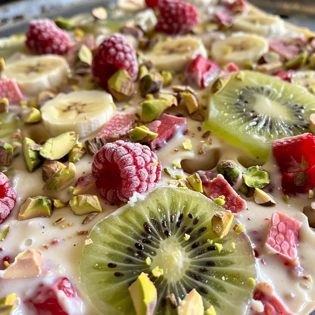 Side angle of colorful Frozen Yogurt Bark with a variety of toppings.