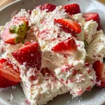Close-up view of frozen yogurt strawberry bark, showcasing vibrant red strawberries and creamy yogurt.