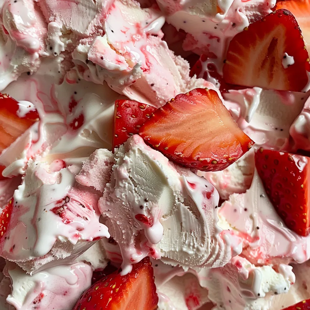 Side angle of frozen yogurt bark with chunks of fresh strawberries and a glossy coconut layer.