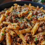 A close-up side view of a bowl of Garlic Beef Pasta, showcasing juicy ground beef and creamy sauce.