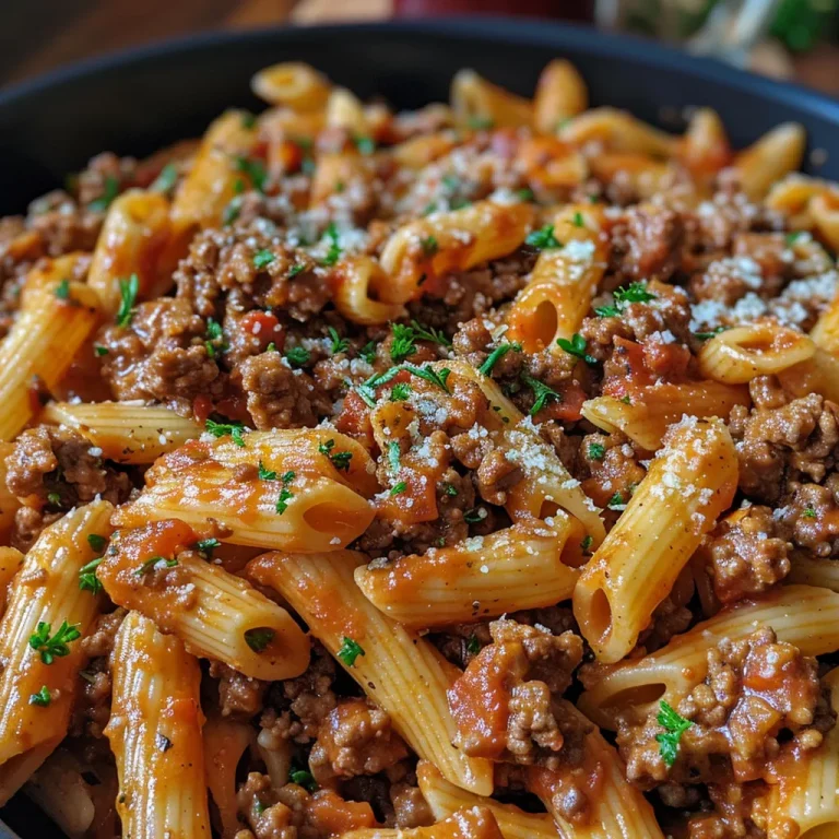 Savory Simplicity Whip Up Garlic Beef Pasta in No Time A close-up side view of a bowl of Garlic Beef Pasta, showcasing juicy ground beef and creamy sauce.