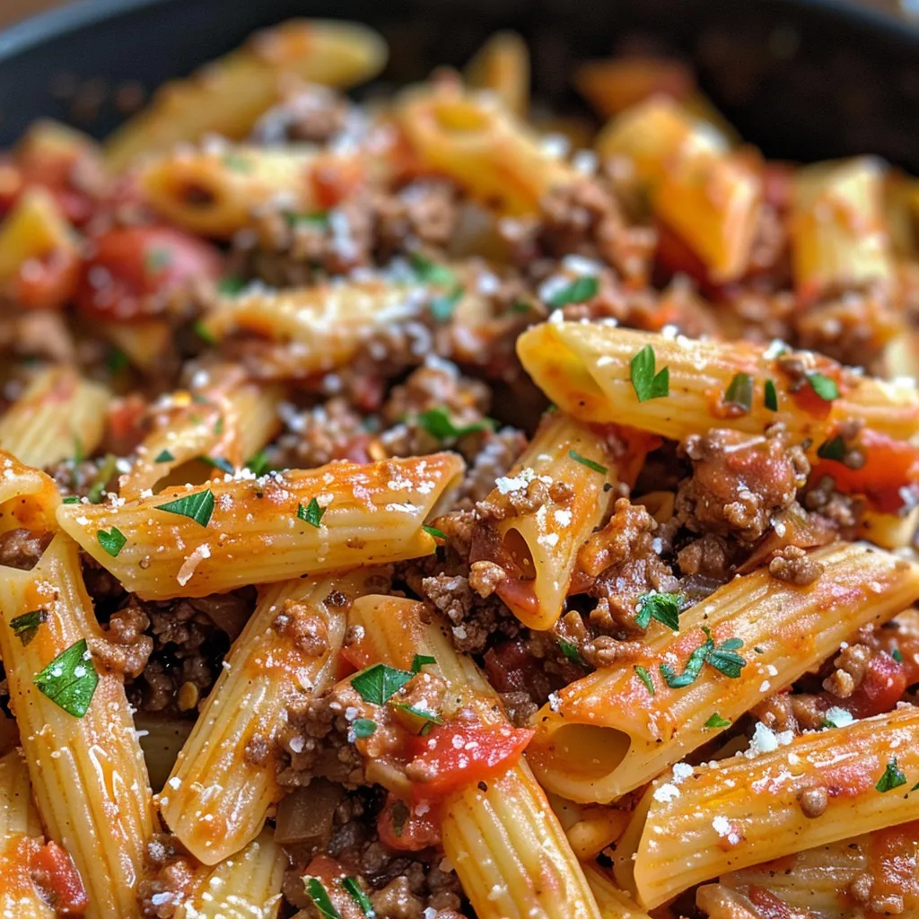 A tantalizing plate of Garlic Beef Pasta with visible garlic cloves and herbs, highlighting its delicious texture.