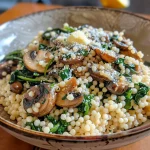 Close-up view of Garlic Butter and Mushroom Couscous with juicy mushrooms and green spinach.