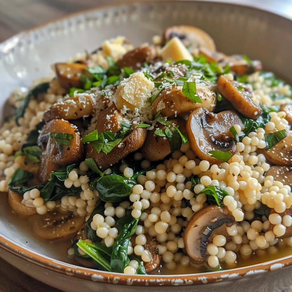 Side photo of a bowl filled with Garlic Butter and Mushroom Couscous garnished with Parmesan cheese.