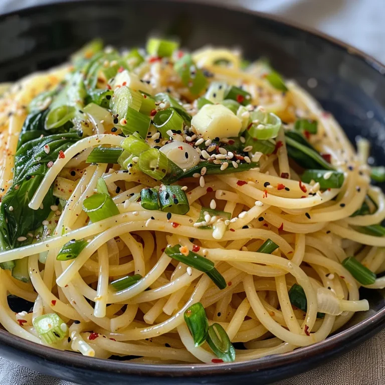 Whip Up This Flavor-Packed Garlic Butter Asian Spaghetti in Minutes! Close-up view of Garlic Butter Asian Style Spaghetti with vibrant green spring onions and bok choy.