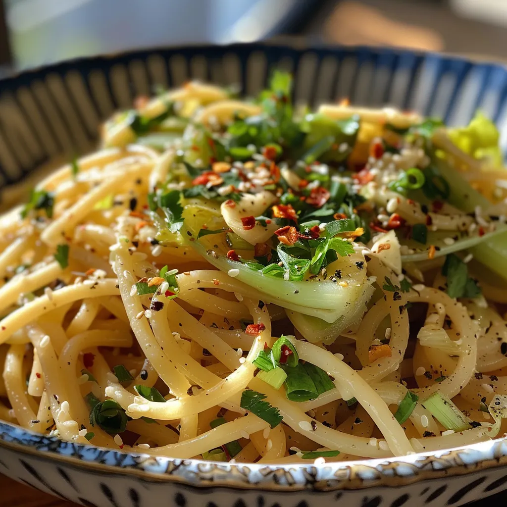 Side angle of a bowl filled with Garlic Butter Asian Style Spaghetti, topped with herbs and a glossy sauce.