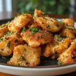 Close-up view of juicy garlic butter chicken bites garnished with fresh parsley.