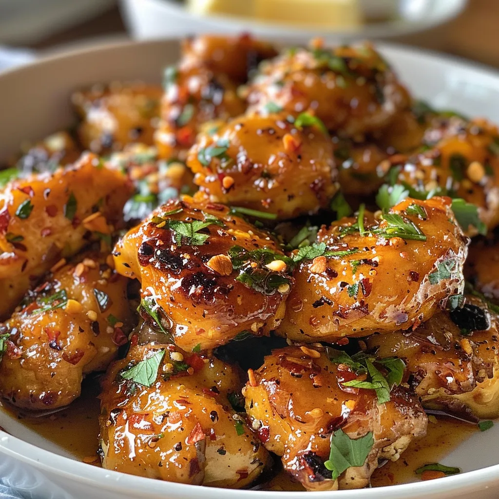 Side view of tender garlic butter chicken bites served with couscous garnished with parsley.
