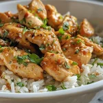 Close-up of a Garlic Butter Chicken Rice Bowl with juicy chicken and rice.