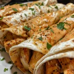 Close-up view of a juicy garlic butter chicken wrap with melted cheese and fresh parsley.