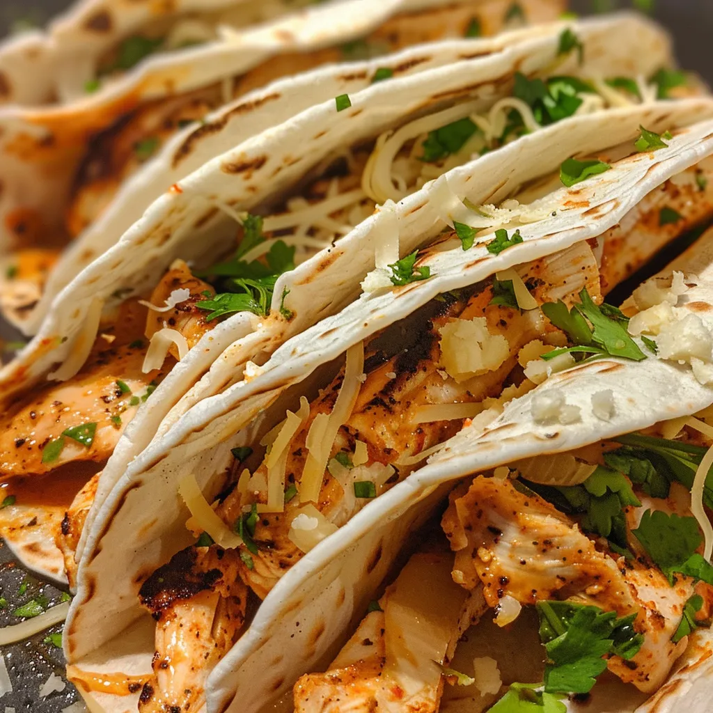 Side view of grilled chicken strips wrapped in a soft tortilla, garnished with parsley and spices.