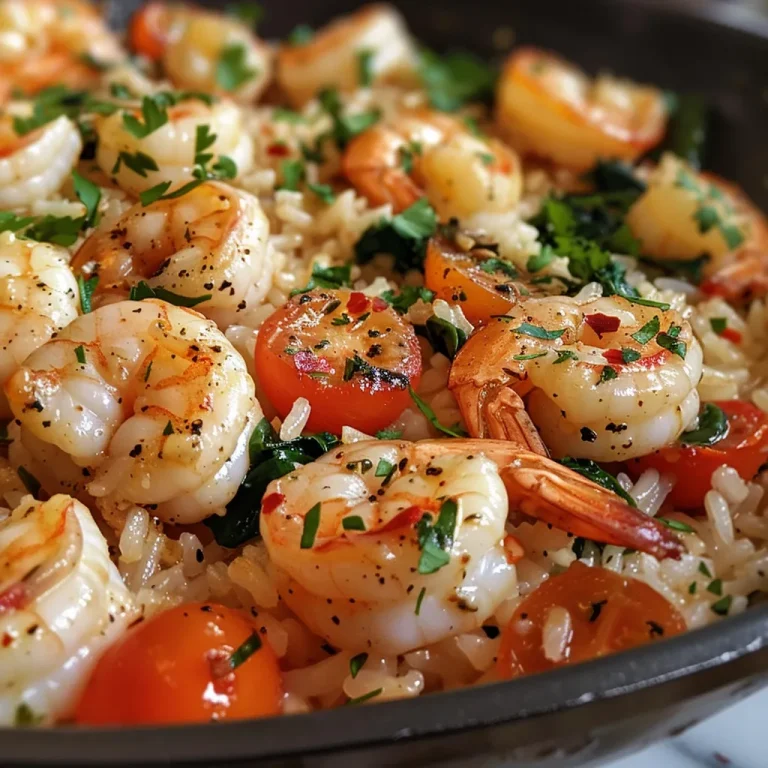 Close-up view of a garlic butter shrimp rice skillet bowl with shrimp, rice, and vegetables.