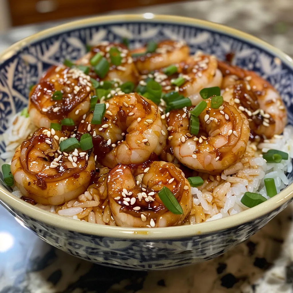 A vibrant bowl featuring juicy shrimp glazed in garlic soy sauce over jasmine rice.