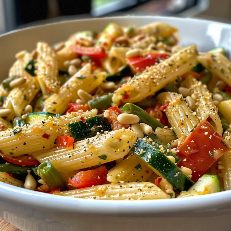 Close-up view of a colorful plate of gluten-free, dairy-free pasta primavera with fresh vegetables.