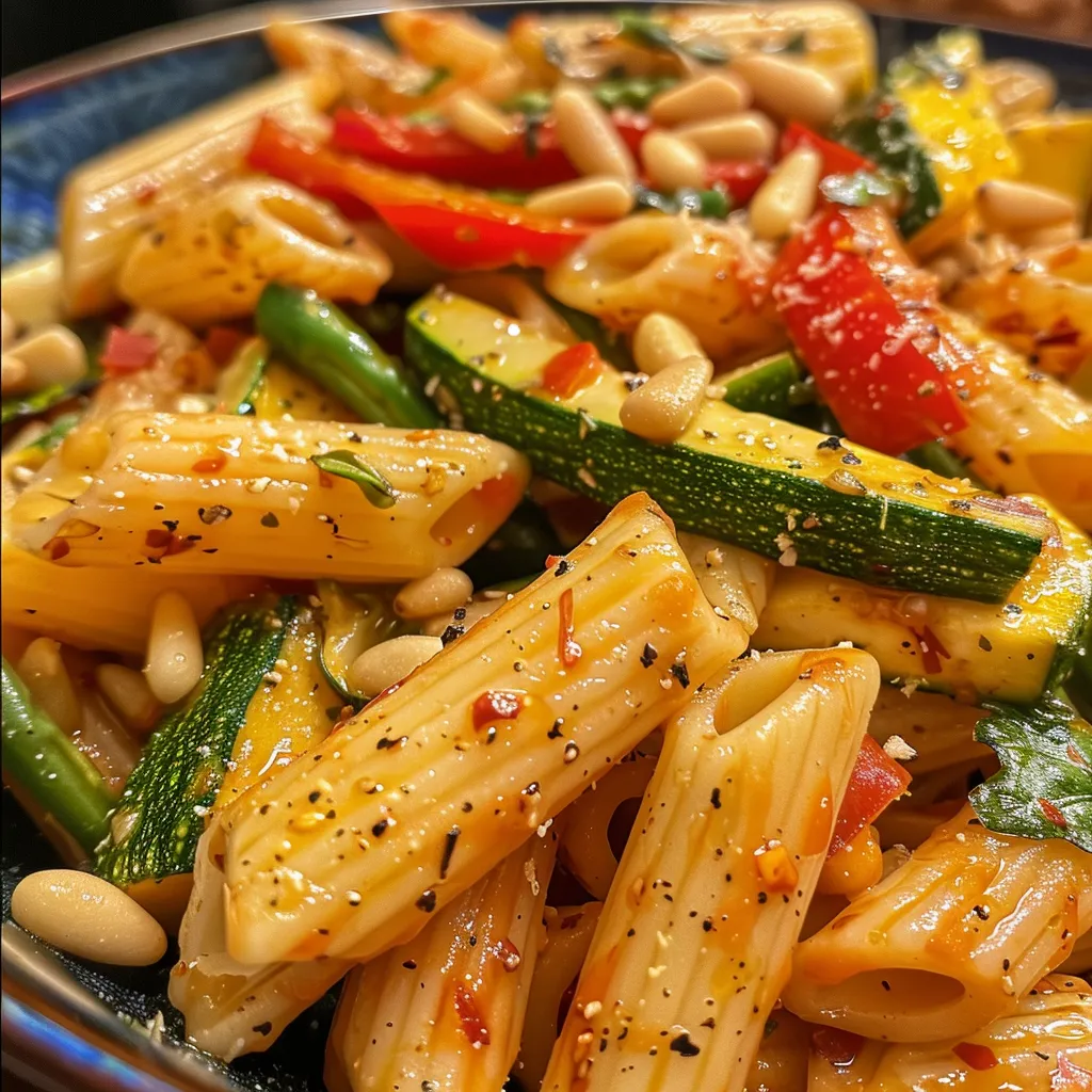 Side angle photo of a vibrant bowl of gluten-free pasta primavera showcasing zucchini, red pepper, and asparagus.